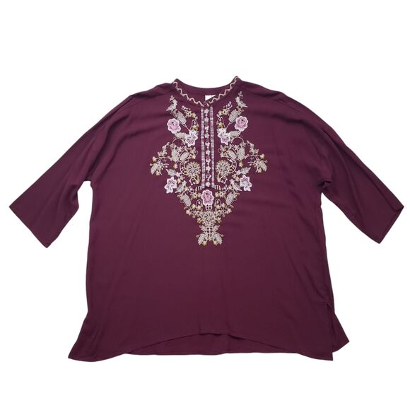 Grand & Greene Tunic Top Large Burgundy Floral Embroidered Button Front - Picture 11 of 13